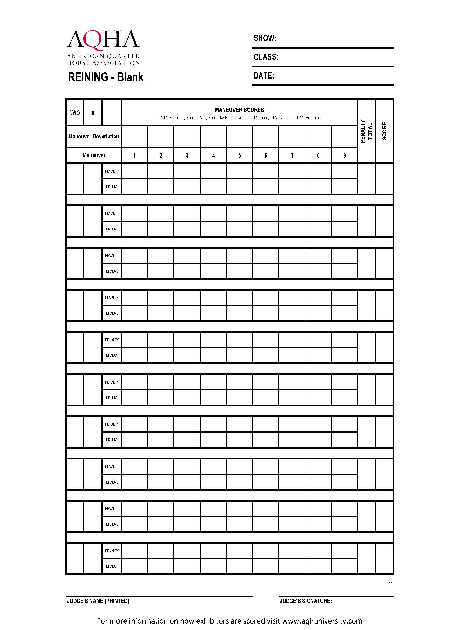 Reining Score Sheet Reining Score Sheet