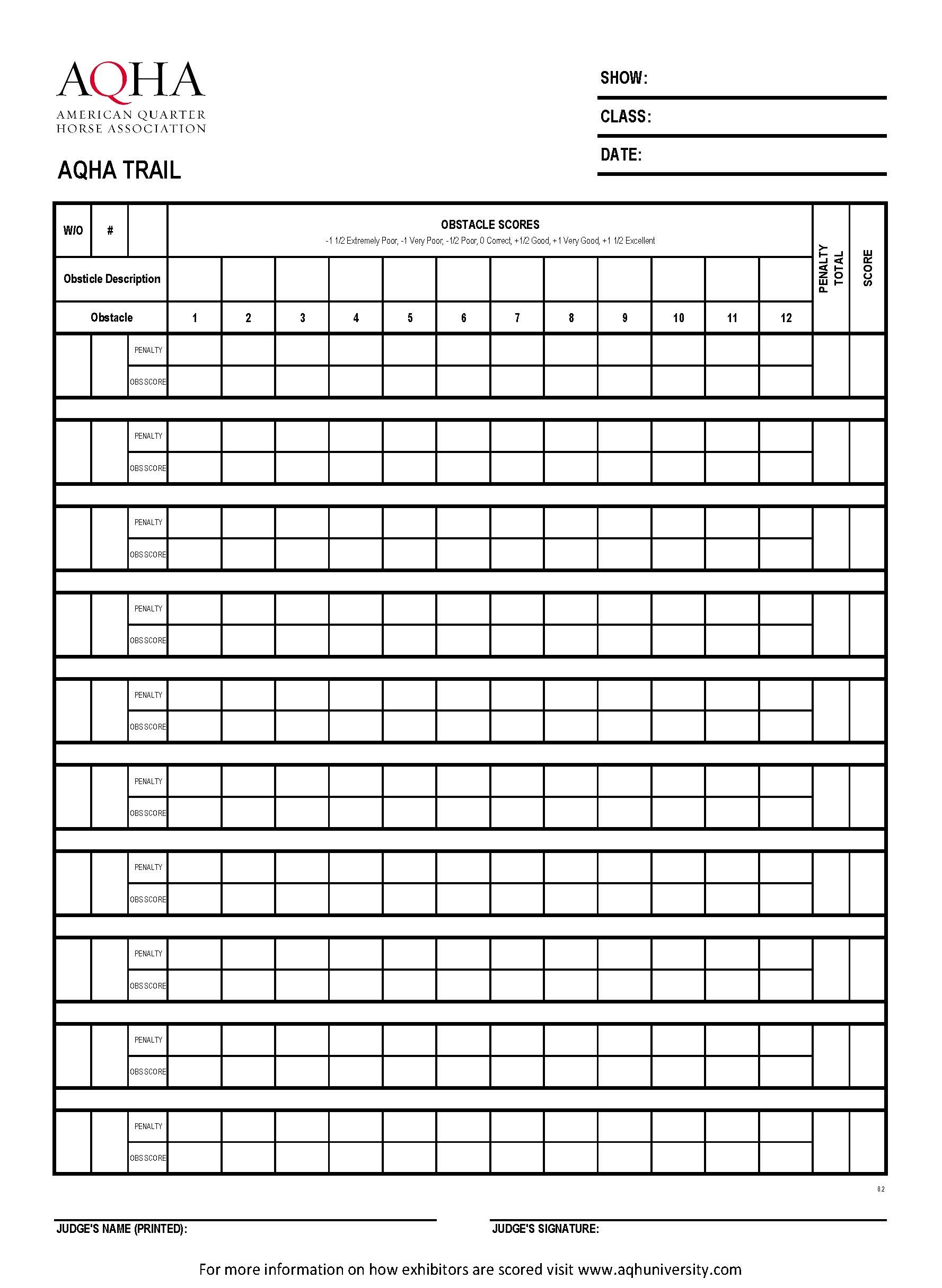 Trail Score Sheet Trail Score Sheet