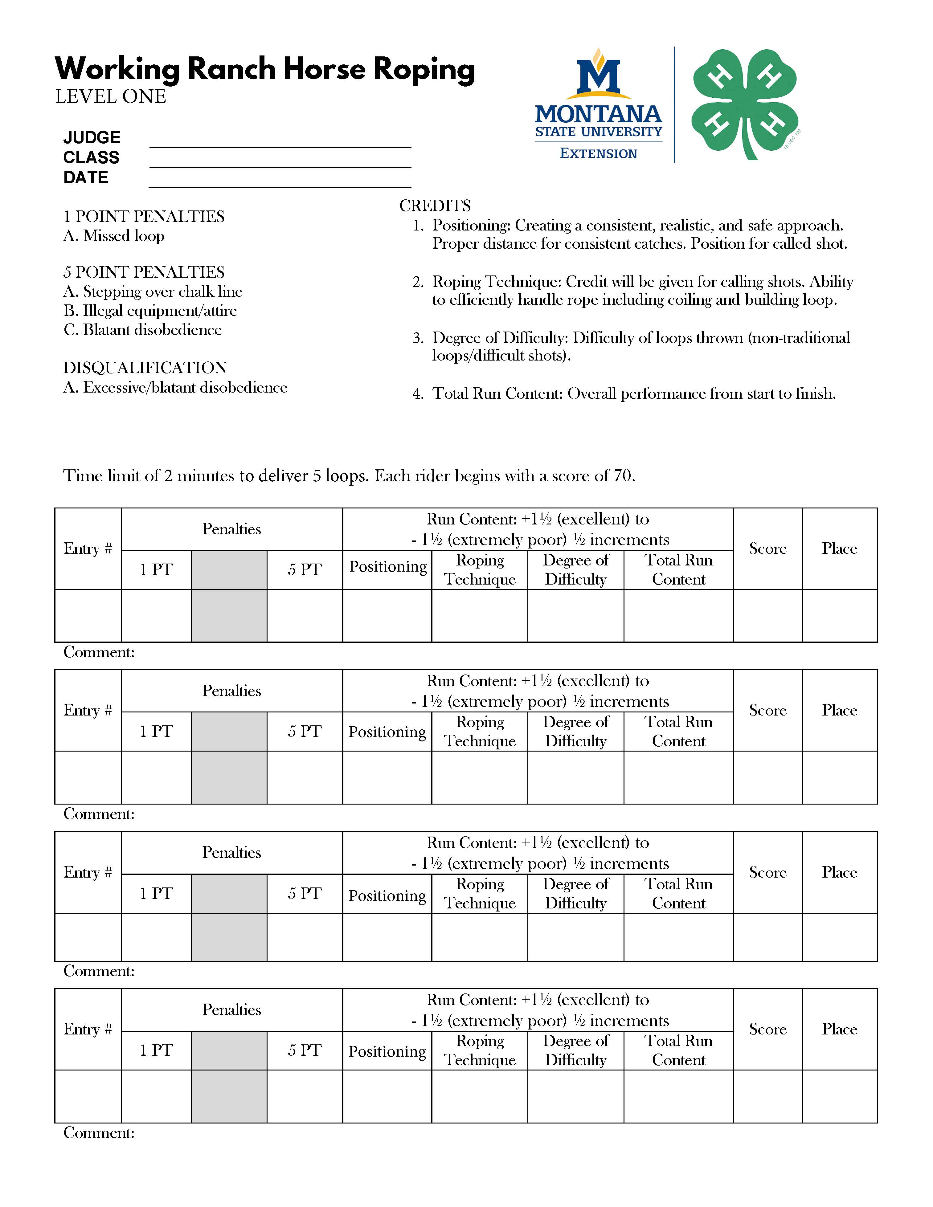 Ranch Roping Level 1 Score Sheet Ranch Roping Level 1 Score Sheet