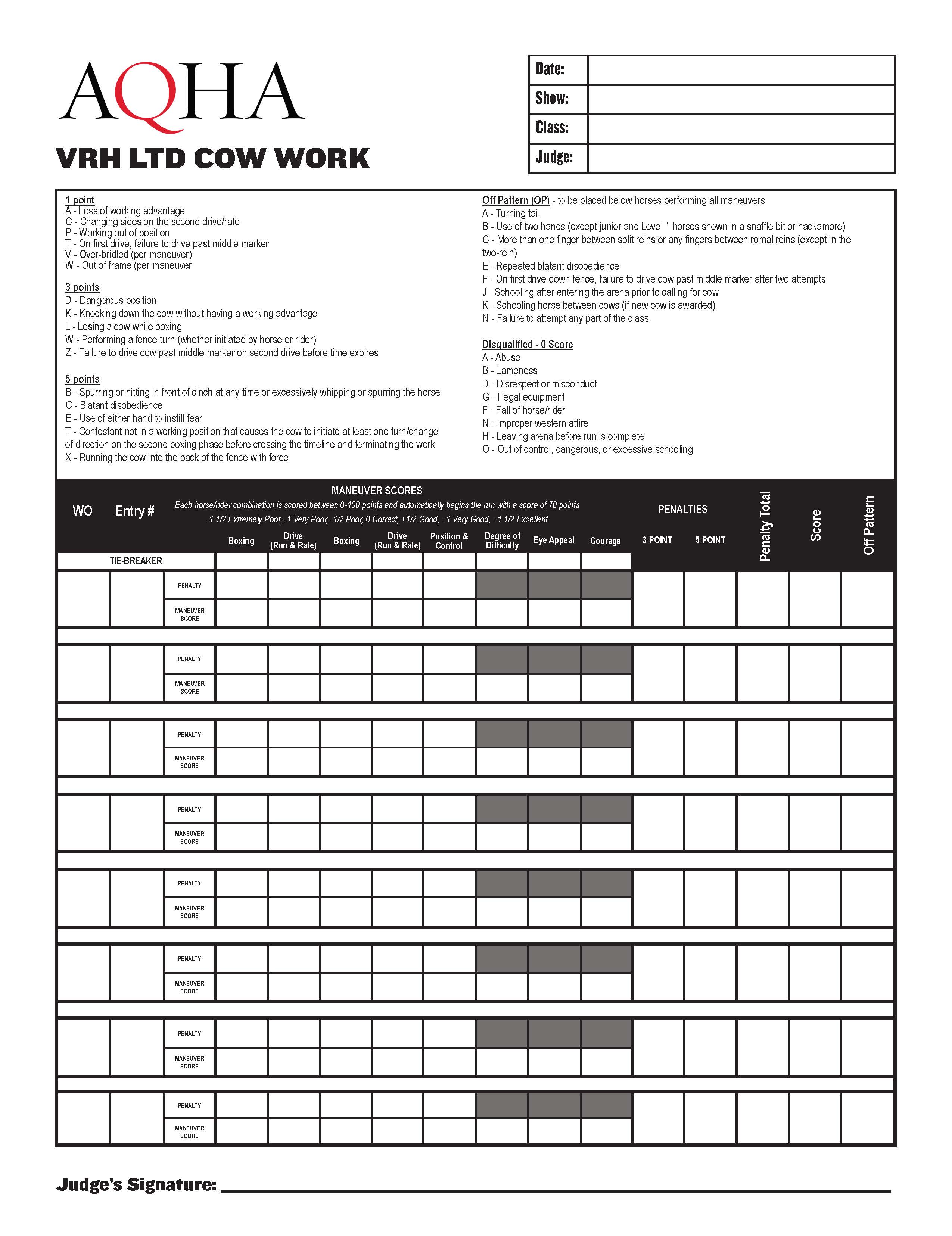Limited Cow Work Score Sheet Limited Cow Work Score Sheet