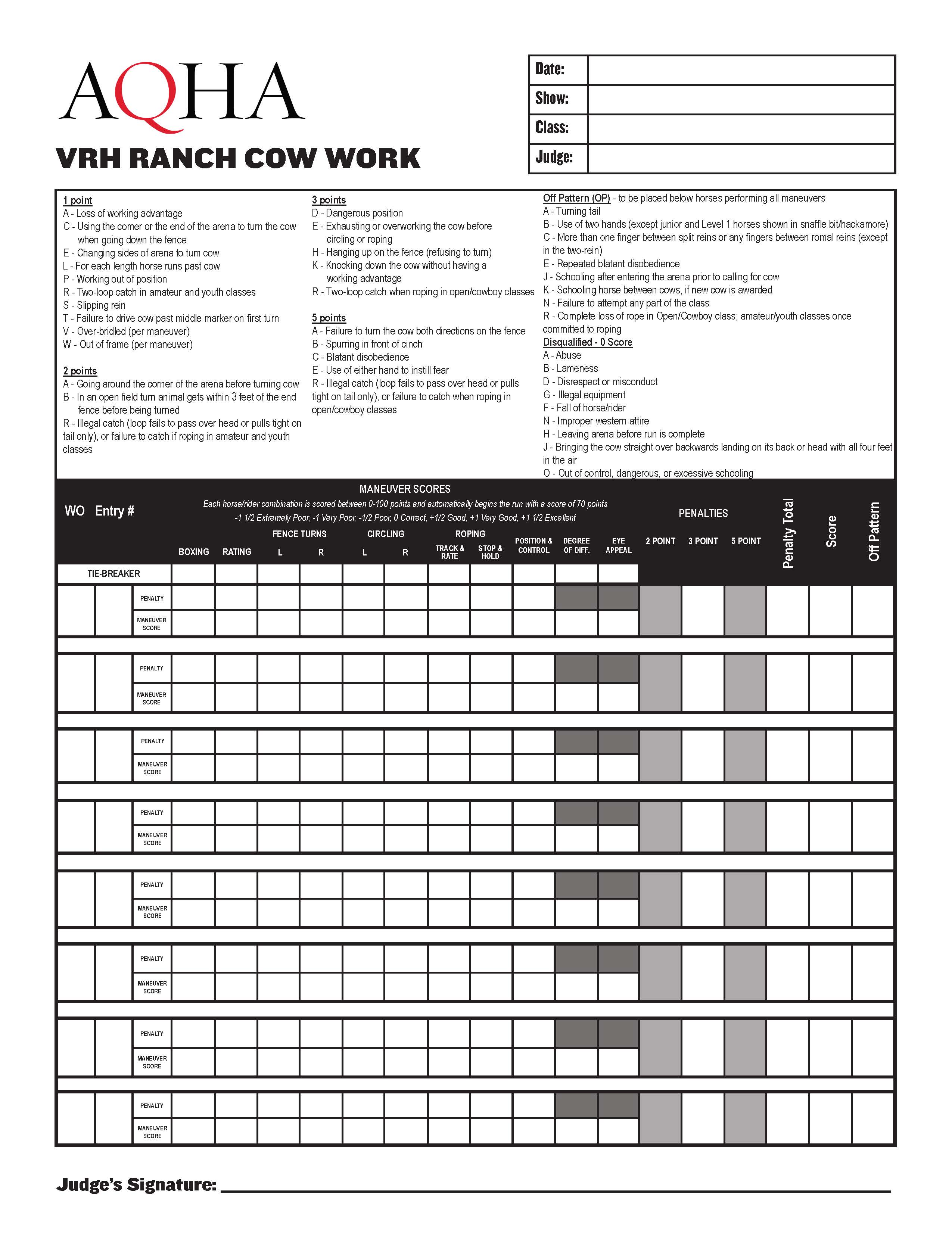Ranch Cow Work Score Sheet Ranch Cow Work Score Sheet