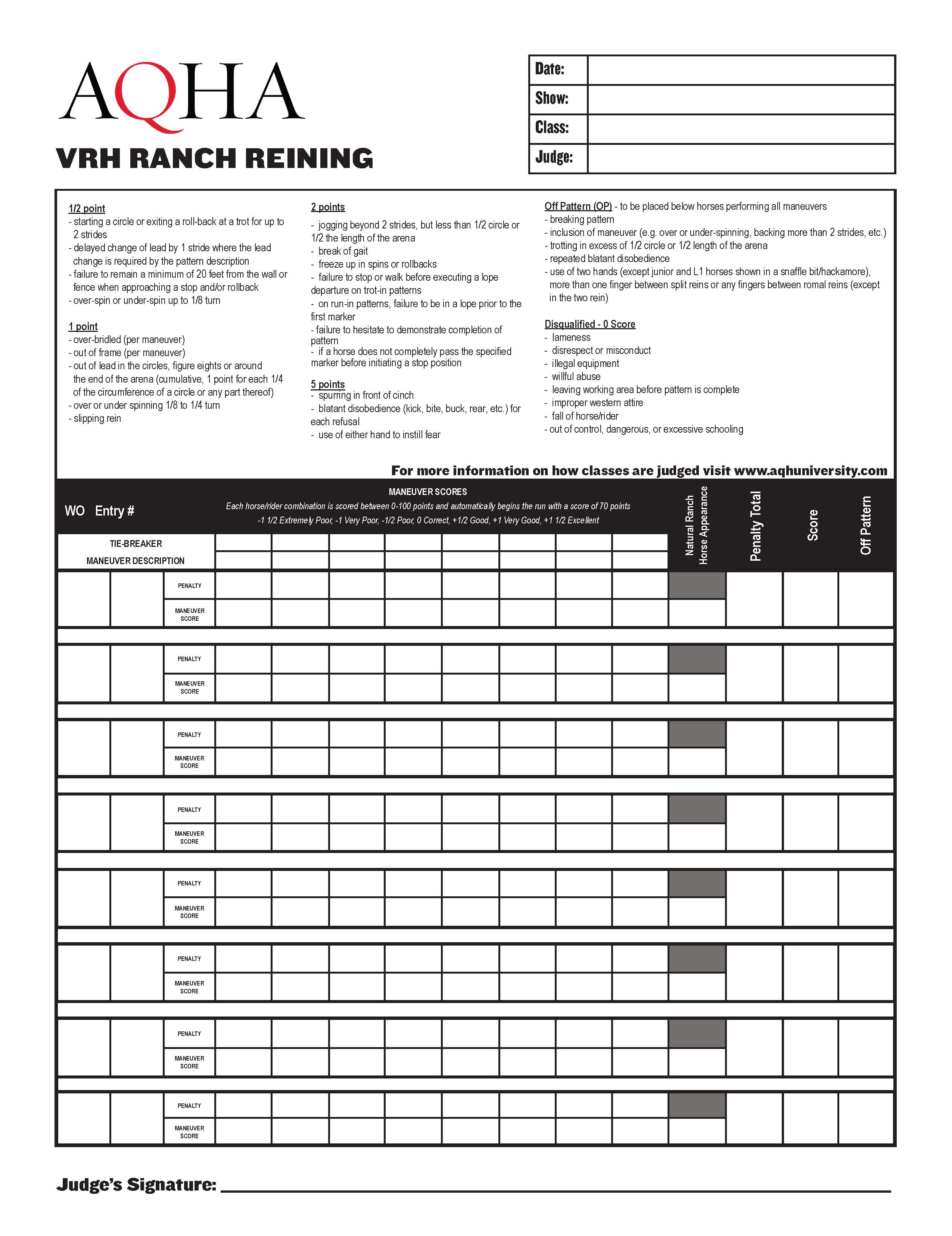 Ranch Reining Score Sheet Ranch Reining Score Sheet
