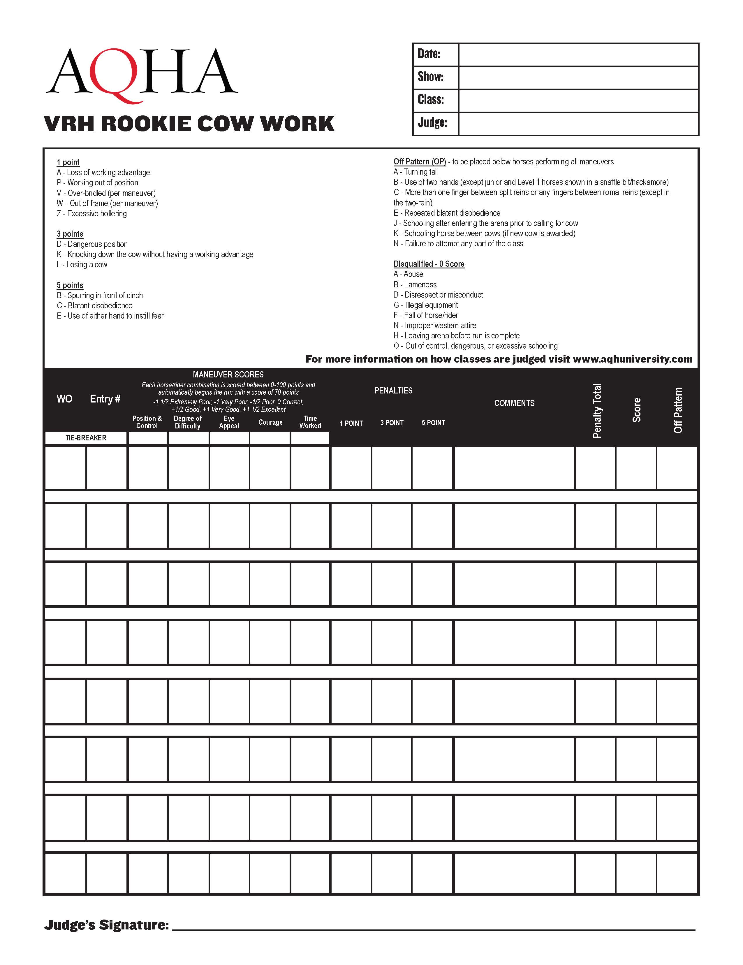 Rookie Cow Work Score Sheet Rookie Cow Work Score Sheet