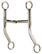 a shiny metal curb bit with long shanks on either side, a central straight bar , and rings at the ends for attaching reins