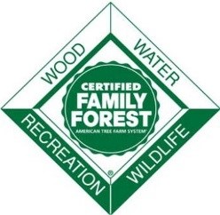 Certified Family Forest logo is framed by the words: wood, water, recreation, and wildlife.