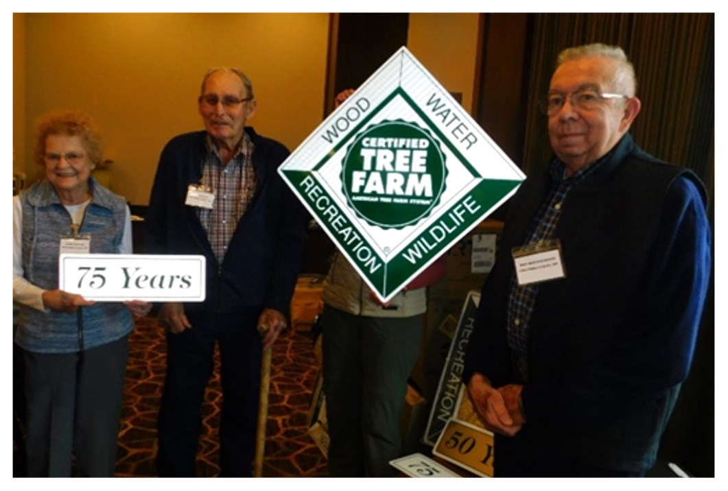 Three older adults standing together holding signs that celebrate "75 Years" and a "Certified Tree Farm" designation