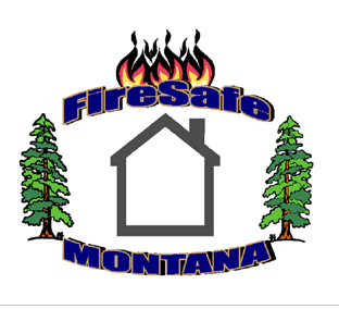 Logo for FireSafe Montana featuring a house outline flanked by evergreen trees, with flames above and the organization's name