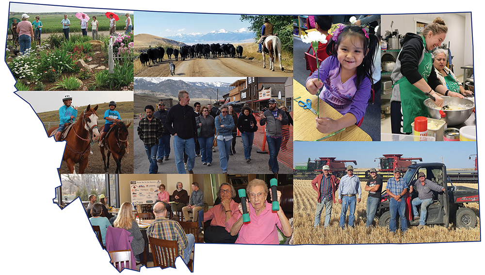 The border of the state of Montana filled in with various images of Montanans taking part in activities.