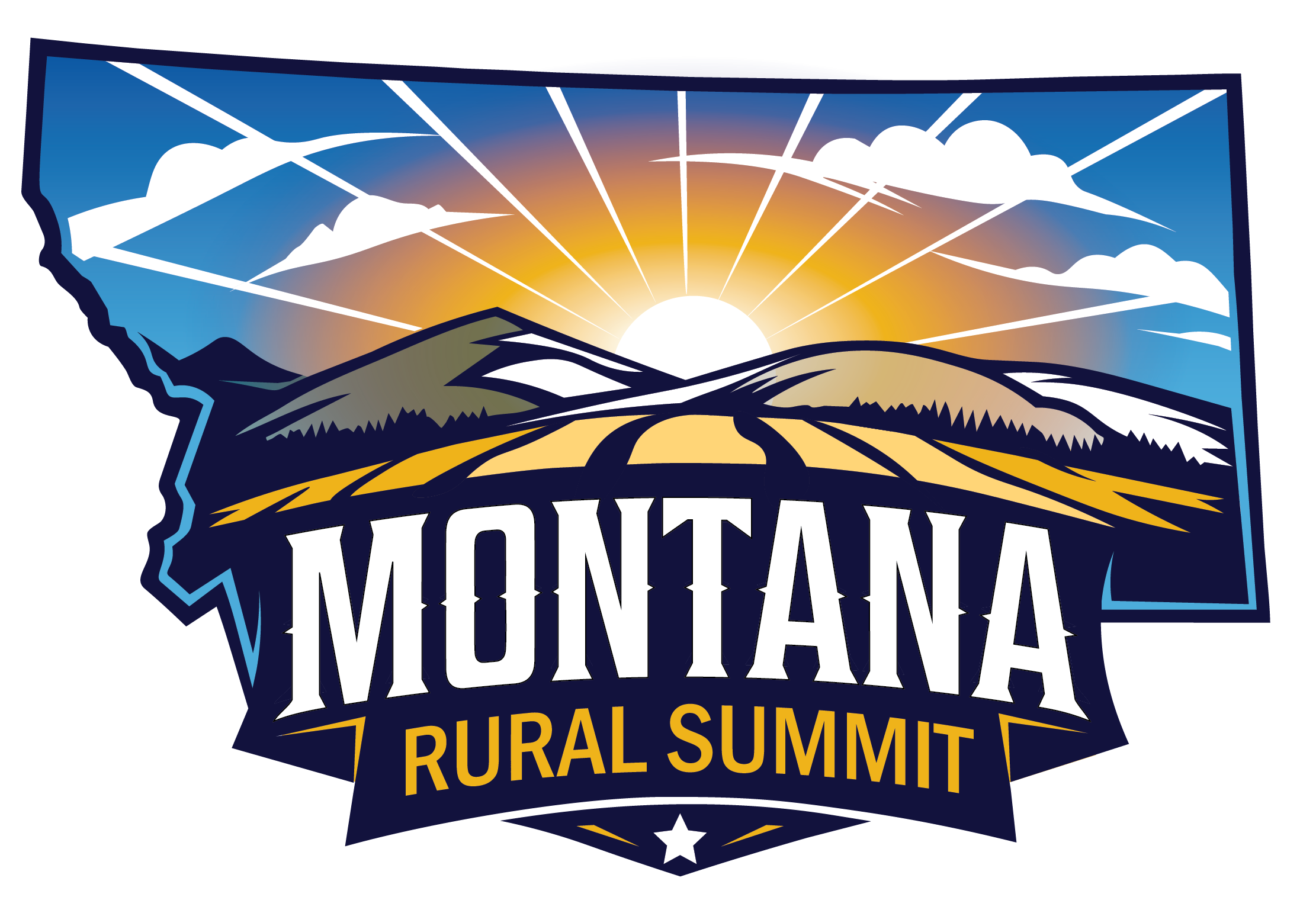 Image of the outline of the state of Montana with two rolling hills, a wheatfield and a sun in the sky with rays and clouds. The words Rural Summit are boldly placed at the base of the outline of Montana.