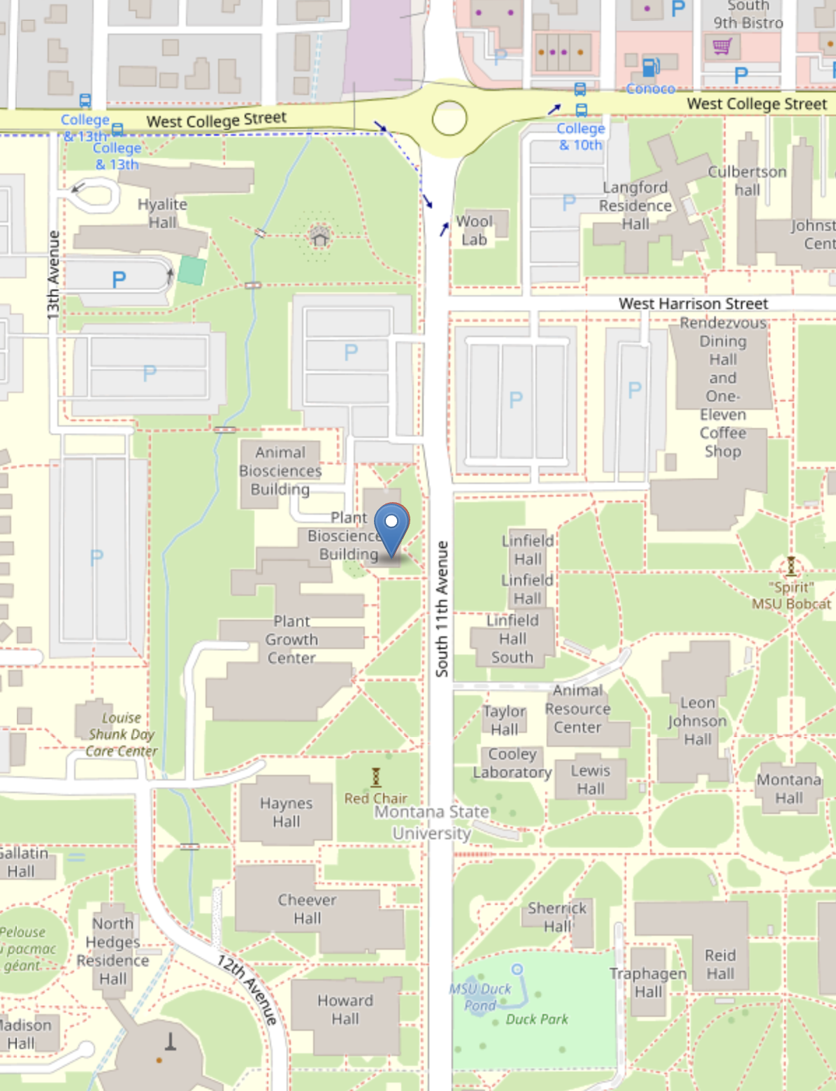 A screenshot of a map website showing where the Plant Science Building is located