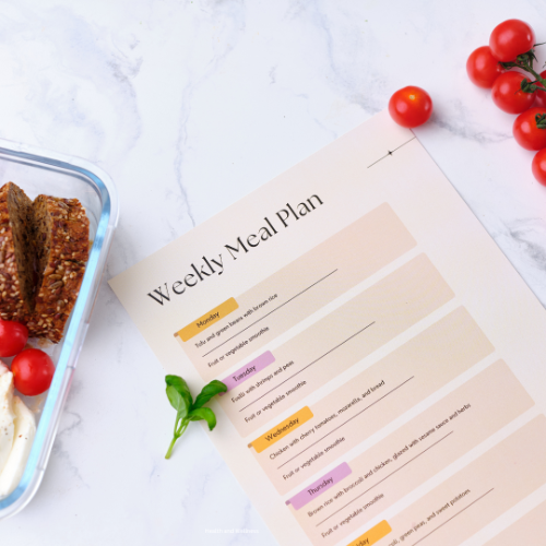 Photo displaying a paper that reads "Weekly Meal Plan" surrounded by fresh fruits and vegetables. 