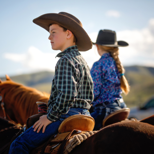 Young boy and little girl sit horseback looking off into the distance. 