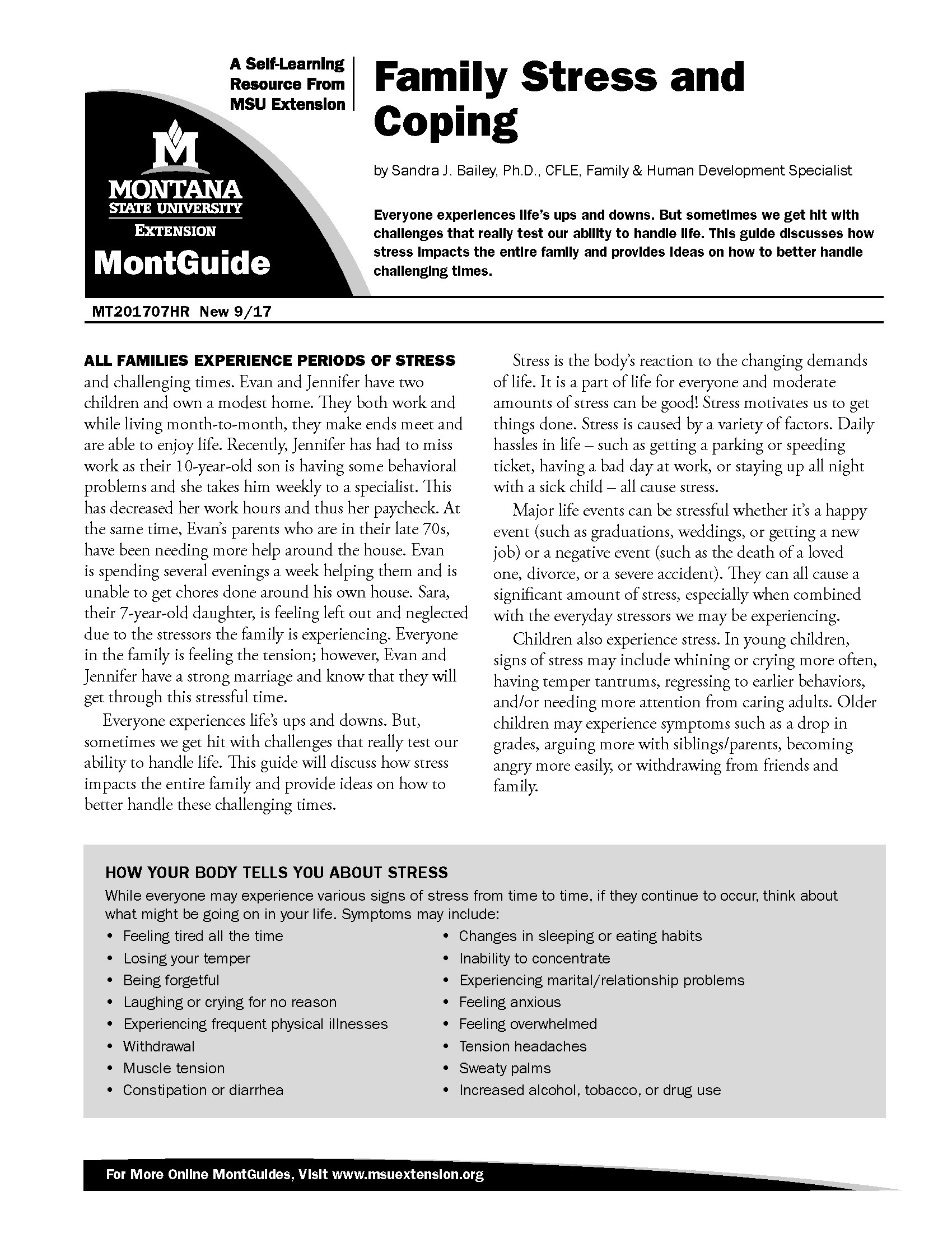 The first page of a PDF. It is completely text, with a title at the top that says "Family Stress and Coping" Contact Jennifer Munter for accessible options.