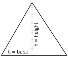 line drawing of an equilateral triangle and the text "b=base" along the bottom, and a dotted line from the center of the base to the top point labeled "h=height"