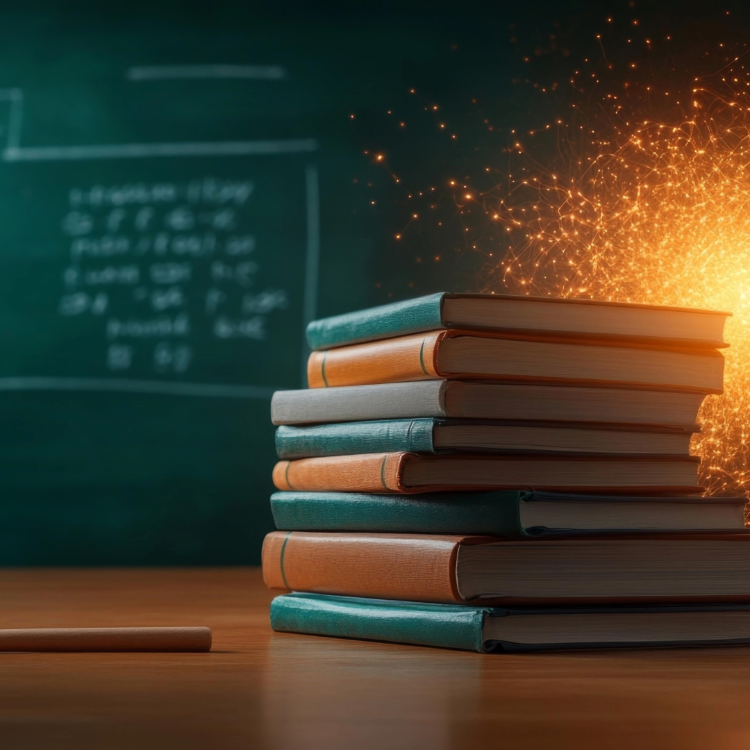 Stack of books with chalkboard & bright image in background