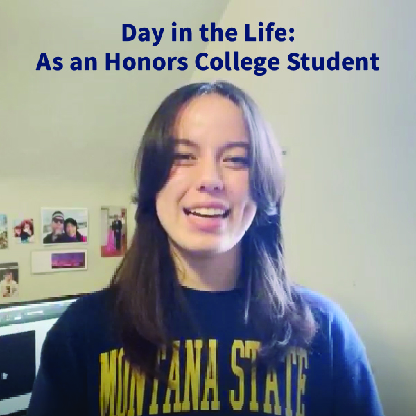 A person with long brown hair wearing a blue crewneck that says "Montana State" in yellow letters