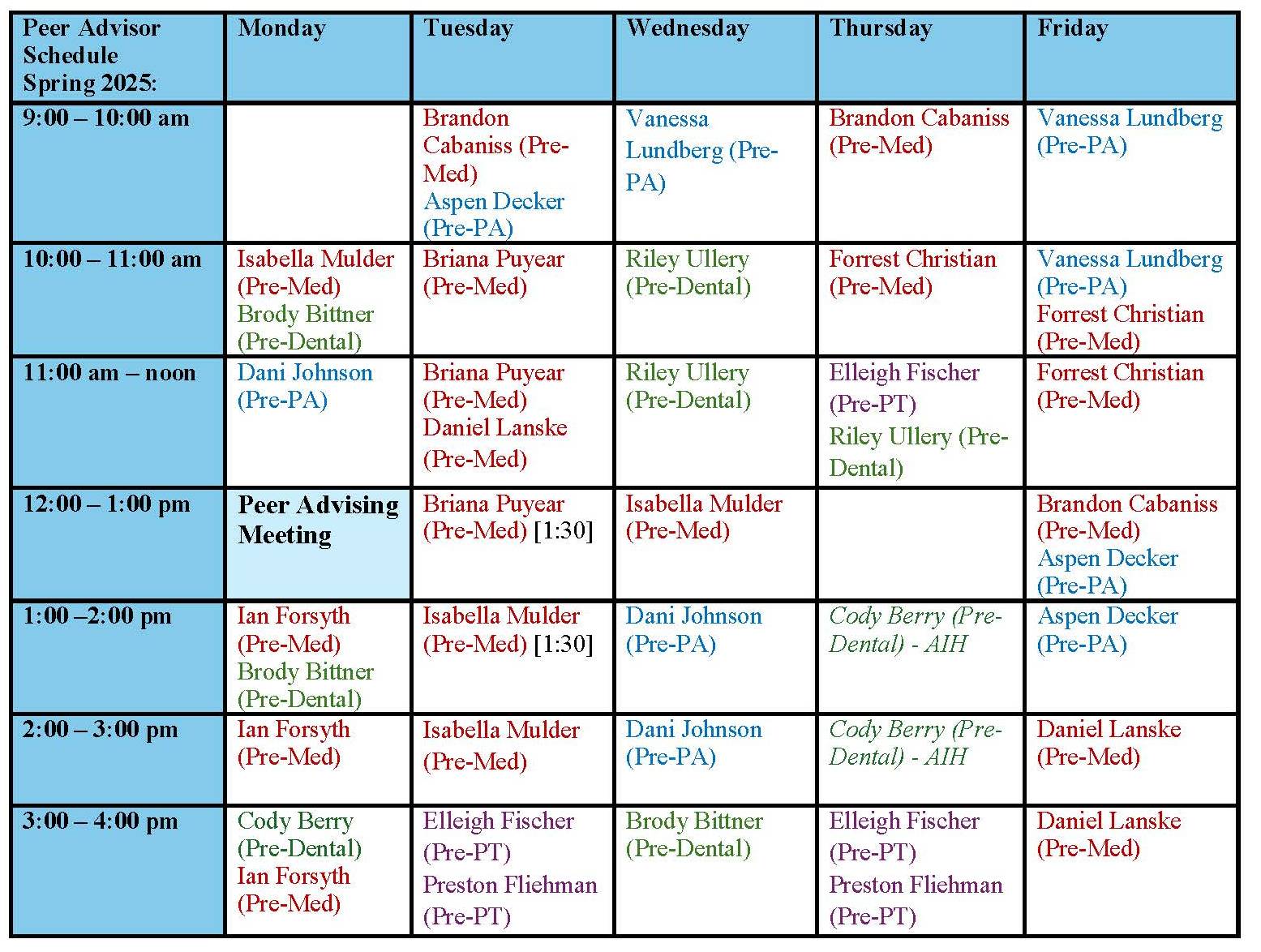 Peer Advisor Schedule Spring 2025