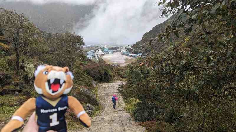 Champ the Bobcat in front of the path to Khumjung.