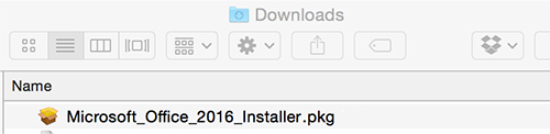 Downloads folder with Microsoft Office 2016 for Mac link
