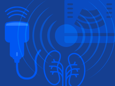 Icon showing organs, preganacy and sound waves to represent ultrasound.