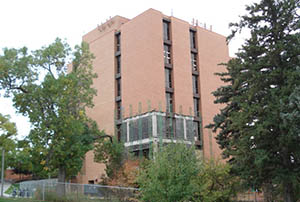 Photo showing scaffolding during Leon Johnson Hall Brick Renovation