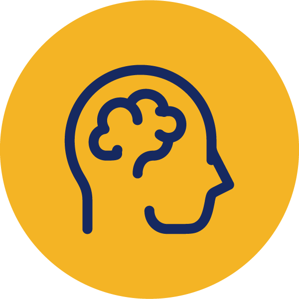 Blue circle with a white icon of a person with a brain in their head
