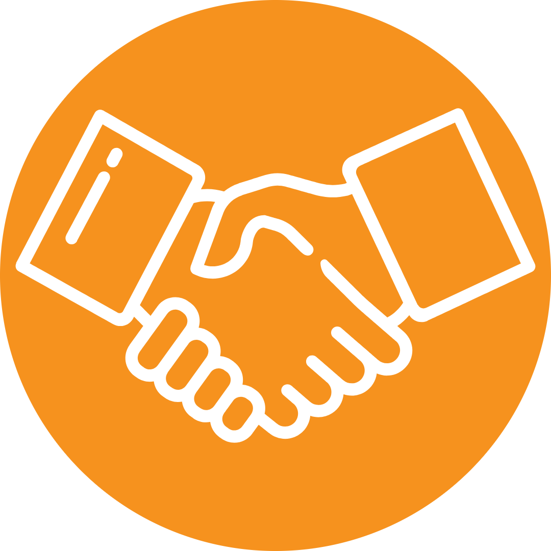 An icon of two hands grasped in a handshake in an orange circle