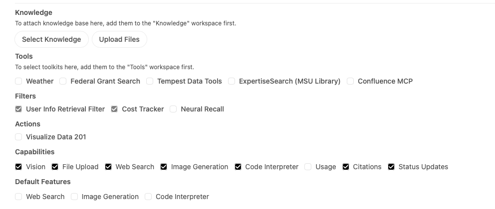 New Model settings for Tooling and Knowldge Sources