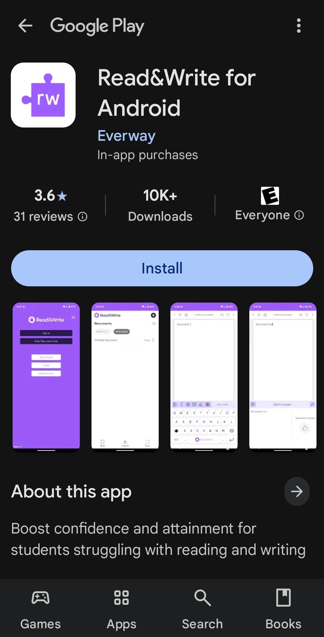 A screenshot of the Google Play Store page for Read&Write for Android. There is a large blue "Install" button in the middle.