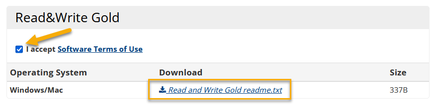 Screenshot of the IT software download portal, the Read&Write Gold section. A gold arrow is pointing to a filled in checkbox next to "I accept Software Terms and Use". Below that, the operating system, download file, and file size are listed. The download file link is surrounded by a yellow box.