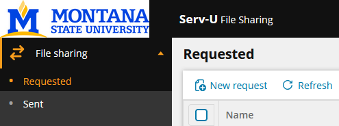 A screenshot of the MSU secure file transport portal with the MSU logo in the upper left corner. The options of Request and Send are listed below.