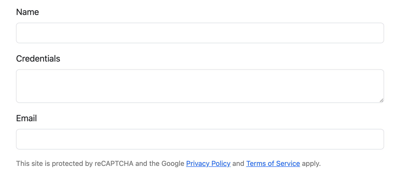 An example web form requesting name, credentials, and email