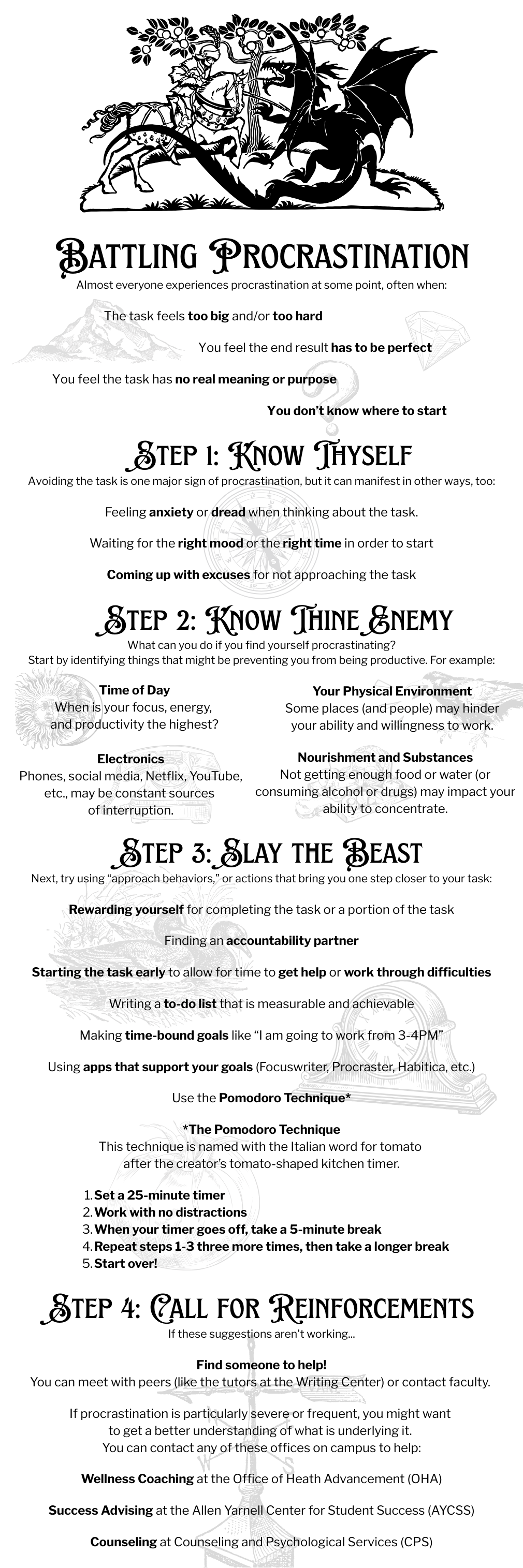 A graphic of a knight battling a dragon with the following text: “Battling Procrastination. Almost everyone experiences procrastination at some point, often when the task feels too big and/or too hard, you feel the end result has to be perfect, you feel the task has no real meaning or purpose, or you don’t know where to start. Step 1: Know Thyself. Avoiding the task is one major sign of procrastination, but it can manifest in other ways, too: Feeling anxiety or dread when thinking about the task, waiting for the right mood or the right time in order to start, or coming up with excuses for not approaching the task. Step 2: Know Thy Enemy. What can you do if you find yourself procrastinating? Start by identifying things that might be preventing you from being productive. For example, Time of Day: When is your focus, energy, and productivity the highest? Your Physical Environment: Some places (and people) may hinder your ability and willingness to work. Electronics: Phones, social media, Netflix, YouTube, etc., may be constant sources of interruption. Nourishment and Substances: Not getting enough food or water (or consuming alcohol or drugs) may impact your ability to concentrate. Step 3: Slay the Beast. Next, try using ‘approach behaviors,’ or actions that bring you one step closer to your task: rewarding yourself for completing the task or a portion of the task, finding an accountability partner, starting the task early to allow for time to get help or work through difficulties, writing a to-do list that is measurable and achievable, making time-bound goals like ‘I am going to work from 3-4PM,’ or using apps that support your goals (Focuswriter, Procraster, Habitica, etc.). Try using the Pomodoro Technique: named with the Italian word for tomato after the creator’s tomato-shaped kitchen timer, this method involves setting a 25-minute timer, working with no distractions, and when your timer goes off, taking a 5-minute break. Repeat these steps three more times, then take a longer break and start over! Step 4: Call for Reinforcements. If these suggestions aren't working, find someone to help! You can meet with peers (like the tutors at the Writing Center) or contact faculty. If procrastination is particularly severe or frequent, you might want to get a better understanding of what is underlying it. You can contact any of these offices on campus to help: Wellness Coaching at the Office of Heath Advancement (OHA), Success Advising at the Allen Yarnell Center for Student Success (AYCSS), Counseling at Counseling and Psychological Services (CPS).” 